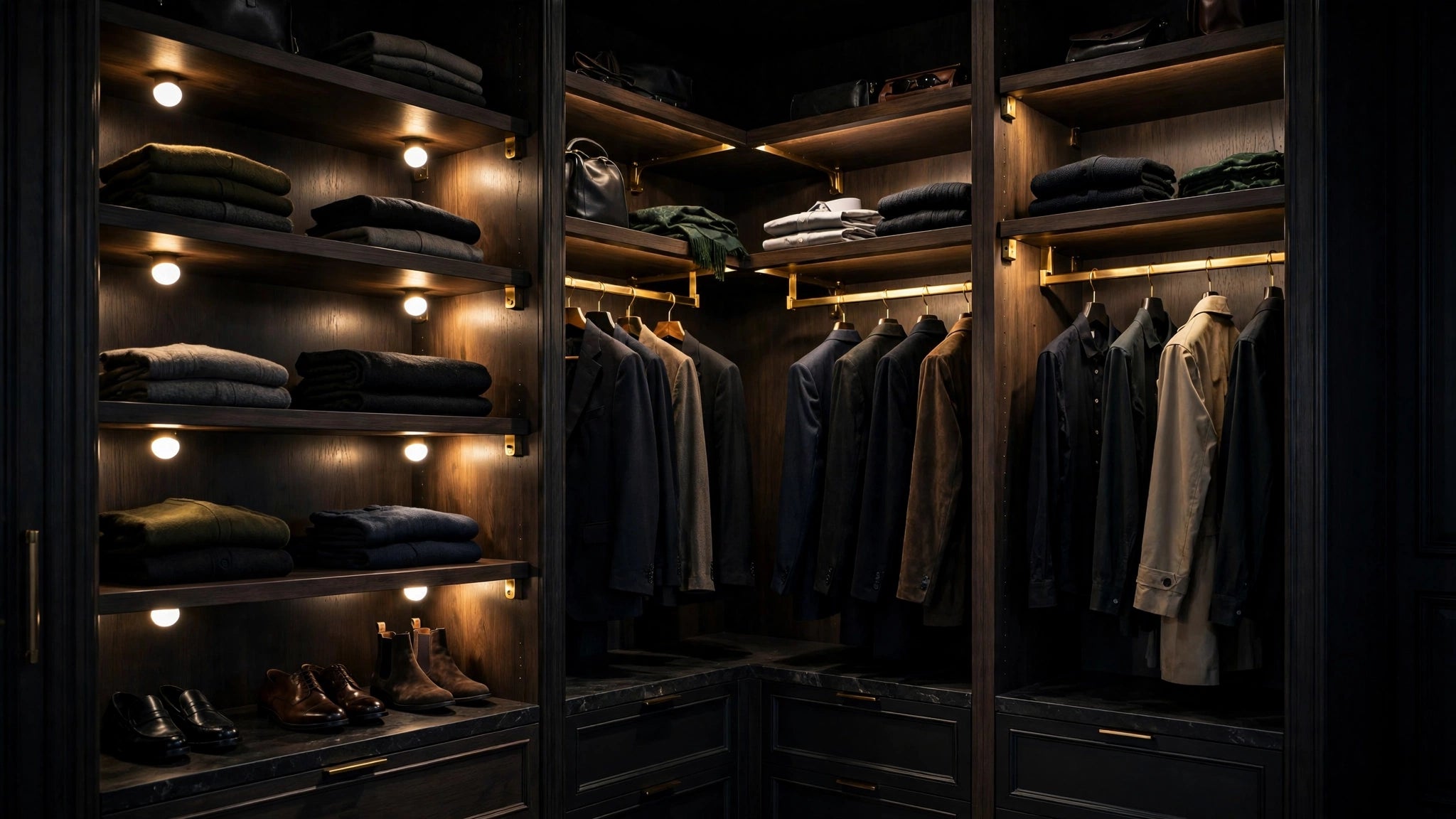 Dark wardrobe lit by GharGlow motion-sensor lights